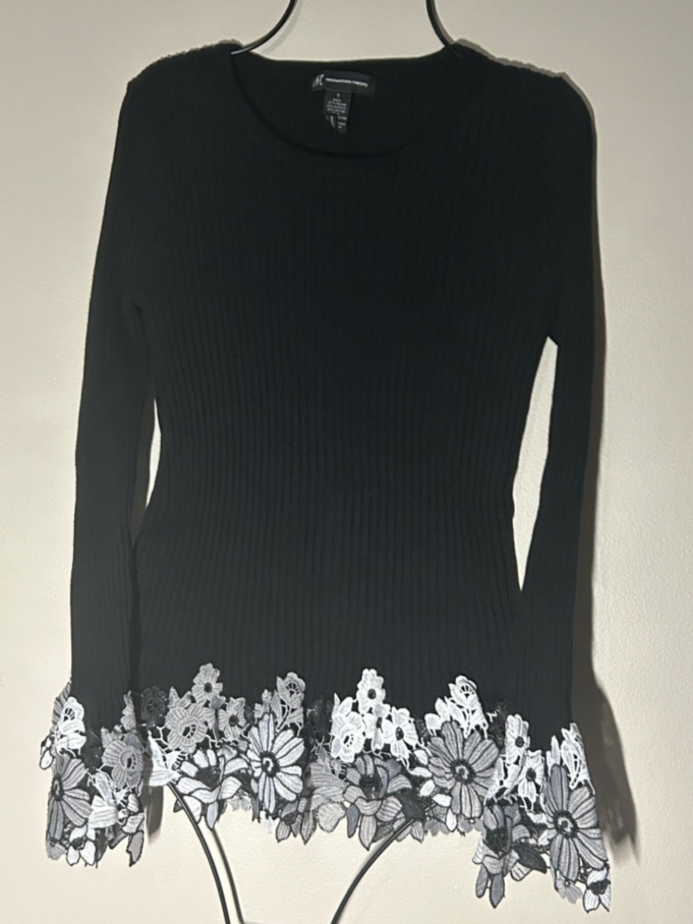 Black Ribbed Long-Sleeve Top with Floral Lace Hem